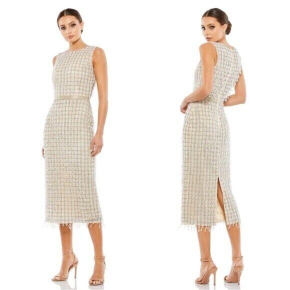 NWT‎ MAC DUGGAL EMBELLISHED HIGH NECK FRINGED MIDI SHEATH DRESS NUDE 5471 - Picture 2 of 8